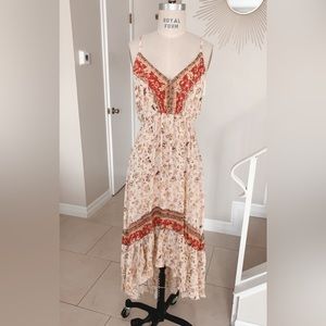 ANGIE FADED FLORAL MIDI DRESS WITH RUFFLE HIGH-LOW HEM